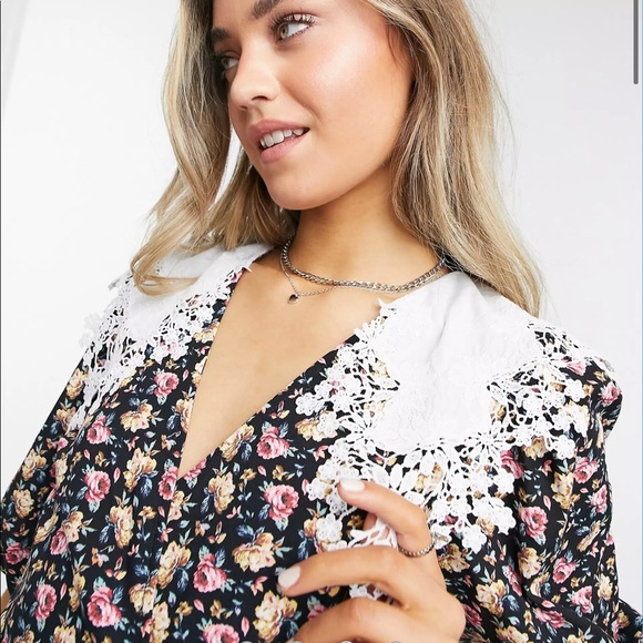 ASOS Design Wrap Front Mini Dress with Crochet Collar in playful floral Sz 2 - Picture 4 of 12